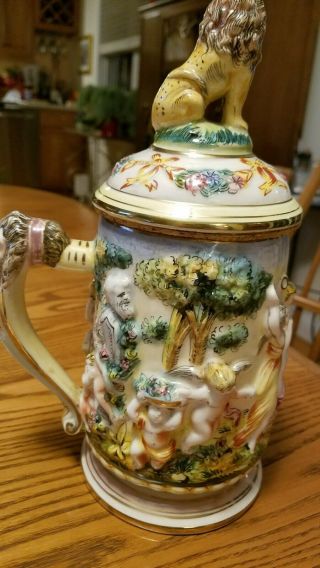 Antique Capodimonte Beer Stein with Cherubs and Lions 10.  5 