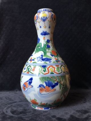 Antique Chinese Birds Insects Landscape Garlic Mouth Porcelain Vase Marked Wanli