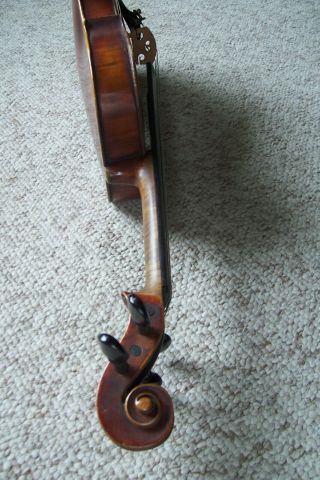 Antique Full Size Strad Labeled Violin Carved Peg Box 4