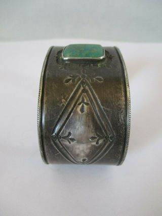 Very Fine Old Navajo Coin Silver Repousse Ingot with Turquoise Cuff Bracelet 10