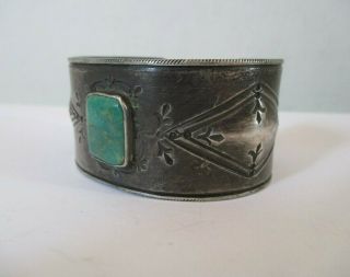 Very Fine Old Navajo Coin Silver Repousse Ingot With Turquoise Cuff Bracelet