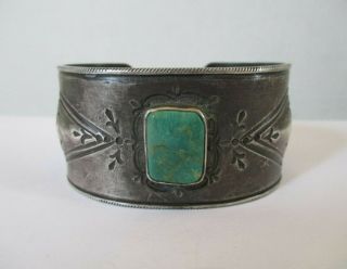 Very Fine Old Navajo Coin Silver Repousse Ingot with Turquoise Cuff Bracelet 2