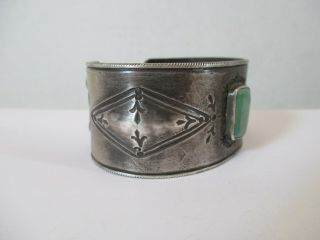 Very Fine Old Navajo Coin Silver Repousse Ingot with Turquoise Cuff Bracelet 3