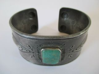 Very Fine Old Navajo Coin Silver Repousse Ingot with Turquoise Cuff Bracelet 4