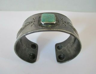 Very Fine Old Navajo Coin Silver Repousse Ingot with Turquoise Cuff Bracelet 5