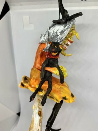 Primitive HANDSCULPTED HALLOWEEN WITCH & BLACK CAT RIDING CREEPY CRESENT MOON 8