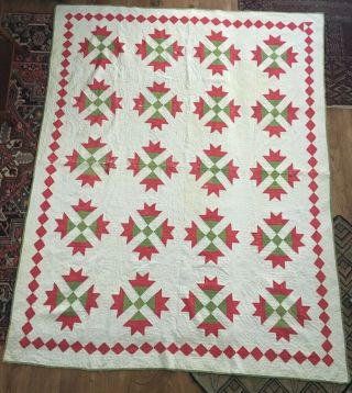Antique Calico Green,  Red Goose Tracks Lily Quilt 86 X 67 Late 19th C 8 Spi Aafa