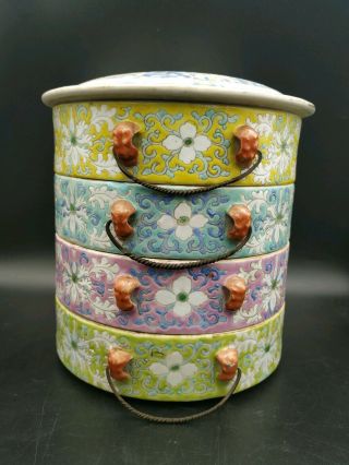 Antique Chinese Famille Rose Porcelain Stacking Container Bowls Dishes 3