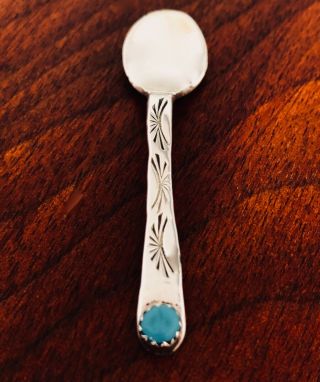 - NATIVE AMERICAN STERLING SILVER SALT SPOON WITH TURQUOISE STONE INSET [2] 2