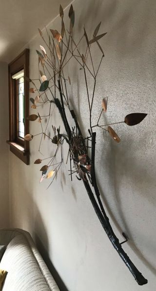 Signed Curtis Jere Metal Tree Wall Sculpture with Nest and Birds Dated 1969 10