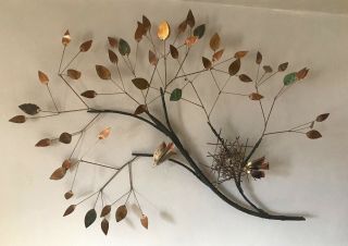 Signed Curtis Jere Metal Tree Wall Sculpture With Nest And Birds Dated 1969
