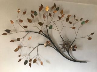 Signed Curtis Jere Metal Tree Wall Sculpture with Nest and Birds Dated 1969 2