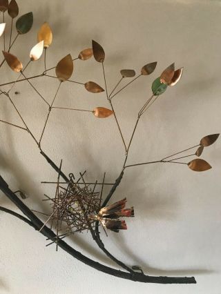 Signed Curtis Jere Metal Tree Wall Sculpture with Nest and Birds Dated 1969 3