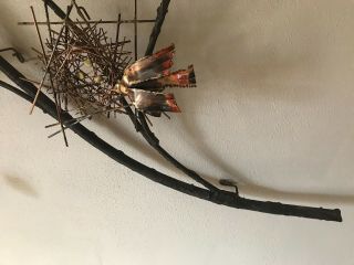 Signed Curtis Jere Metal Tree Wall Sculpture with Nest and Birds Dated 1969 9