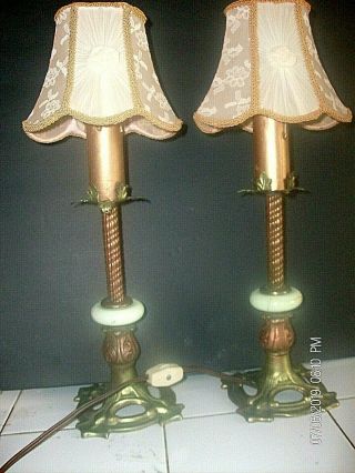 1920 ' s art nouveau JADEITE LAMPS ORNATE CAST IRON LUSTRE FINISH ROSE BUD SHADES 3
