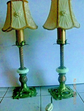 1920 ' s art nouveau JADEITE LAMPS ORNATE CAST IRON LUSTRE FINISH ROSE BUD SHADES 6