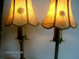 1920 ' s art nouveau JADEITE LAMPS ORNATE CAST IRON LUSTRE FINISH ROSE BUD SHADES 7