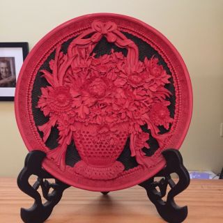 Antique Chinese Hand Carved Cinnabar Plate With Stand