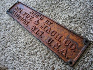 Orange Wisconsin Foundry & Machine Co.  Cast Iron Plaque Sign Madison Wi History