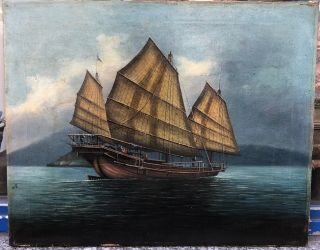 Antique Chinese Painting Canvas Junk Boat Canton China Sea 19th Century Signed
