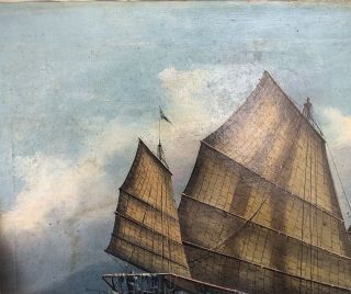 Antique Chinese Painting Canvas Junk Boat Canton China sea 19th Century Signed 2