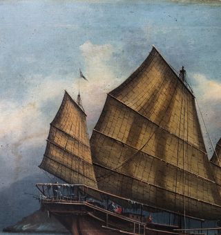 Antique Chinese Painting Canvas Junk Boat Canton China sea 19th Century Signed 6