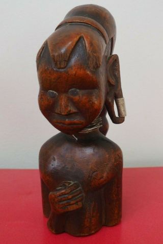 Fine Old East African Tribal Art Wooden Carved Kenya Kamba Bust With Metal Eyes