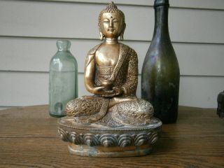 Antique Or Vntg Stamped Brass Buddha Statue 8 Inches Tall.  Piece