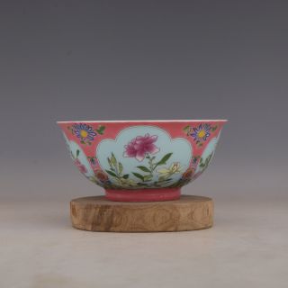 Chinese Old Marked Pink Ground Enamel Colored Flowers Pattern Porcelain Bowl