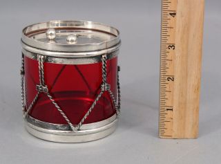 Antique R Blackinton Sterling Silver Cranberry Glass Drum,  Condiment Jelly Jar