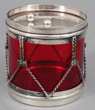 Antique R Blackinton Sterling Silver Cranberry Glass Drum,  Condiment Jelly Jar 2