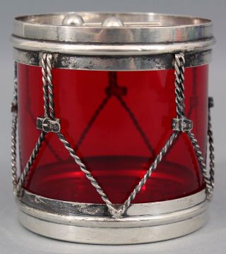 Antique R Blackinton Sterling Silver Cranberry Glass Drum,  Condiment Jelly Jar 3