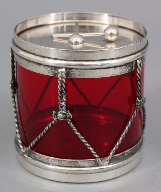 Antique R Blackinton Sterling Silver Cranberry Glass Drum,  Condiment Jelly Jar 4