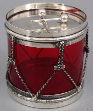 Antique R Blackinton Sterling Silver Cranberry Glass Drum,  Condiment Jelly Jar 5