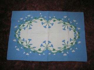 Antique Baby Quilt - Morning Glories Hand Quilted Applique Crib Baby Blue White
