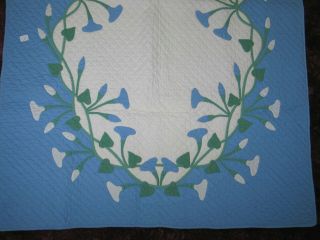 Antique Baby Quilt - Morning Glories Hand Quilted Applique Crib Baby Blue White 6