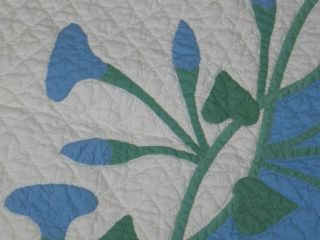 Antique Baby Quilt - Morning Glories Hand Quilted Applique Crib Baby Blue White 7