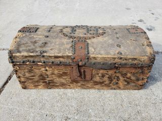 Antique Chest 1800 Solid Wood Leather Iron " Fb " Decor,  Size:20x10x8 " Check Pics