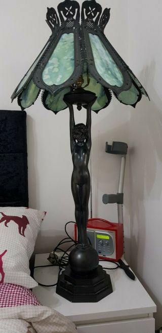 Stunning Art Deco Bronze Lamp,  Naked Lady,  Over 3 Foot Tall,  Glass Shade