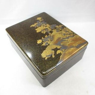 H982: Highest - Class Japanese Lacquered Hand Box W/finest Makie Of Great Foo Dog