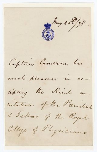 1878 | Captain Verney Cameron | Letter | 1st European To Cross Equatorial Africa