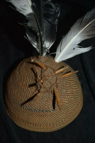 Orig $399 Dayak Shamans Hat,  Hrnbill Feathers 1900s 12 " Prov