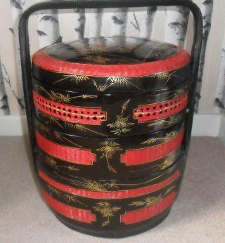 Vintage Chinese Picnic Basket Black Red Gold 3 Tier Staked Wedding Large