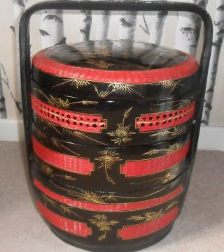 Vintage Chinese Picnic Basket Black Red Gold 3 Tier Staked Wedding Large 8