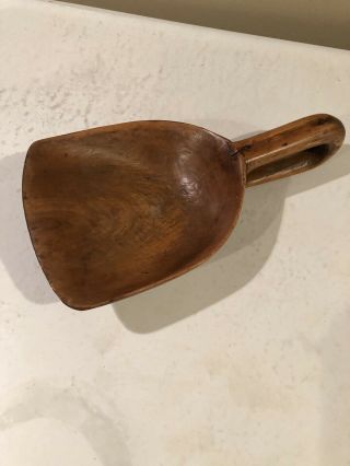Antique - Primitive Hand Carved Maple Wooden Scoop With Handle -