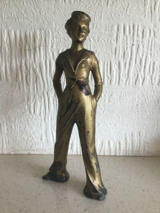 Art Deco Figure Lady Figurine Statue Gold Bronze Metal Sailor Girl Spelter 30s