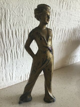 Art Deco Figure Lady Figurine Statue Gold Bronze Metal Sailor Girl Spelter 30s 3