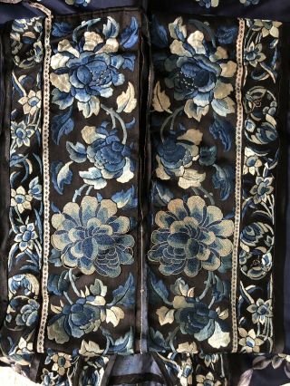 Antique Chinese Embroidered Blue Silk Robe Forbidden Stitch Peony Lishui Symbols 10