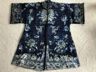 Antique Chinese Embroidered Blue Silk Robe Forbidden Stitch Peony Lishui Symbols 11