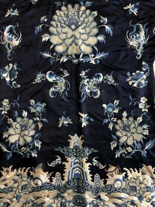 Antique Chinese Embroidered Blue Silk Robe Forbidden Stitch Peony Lishui Symbols 12